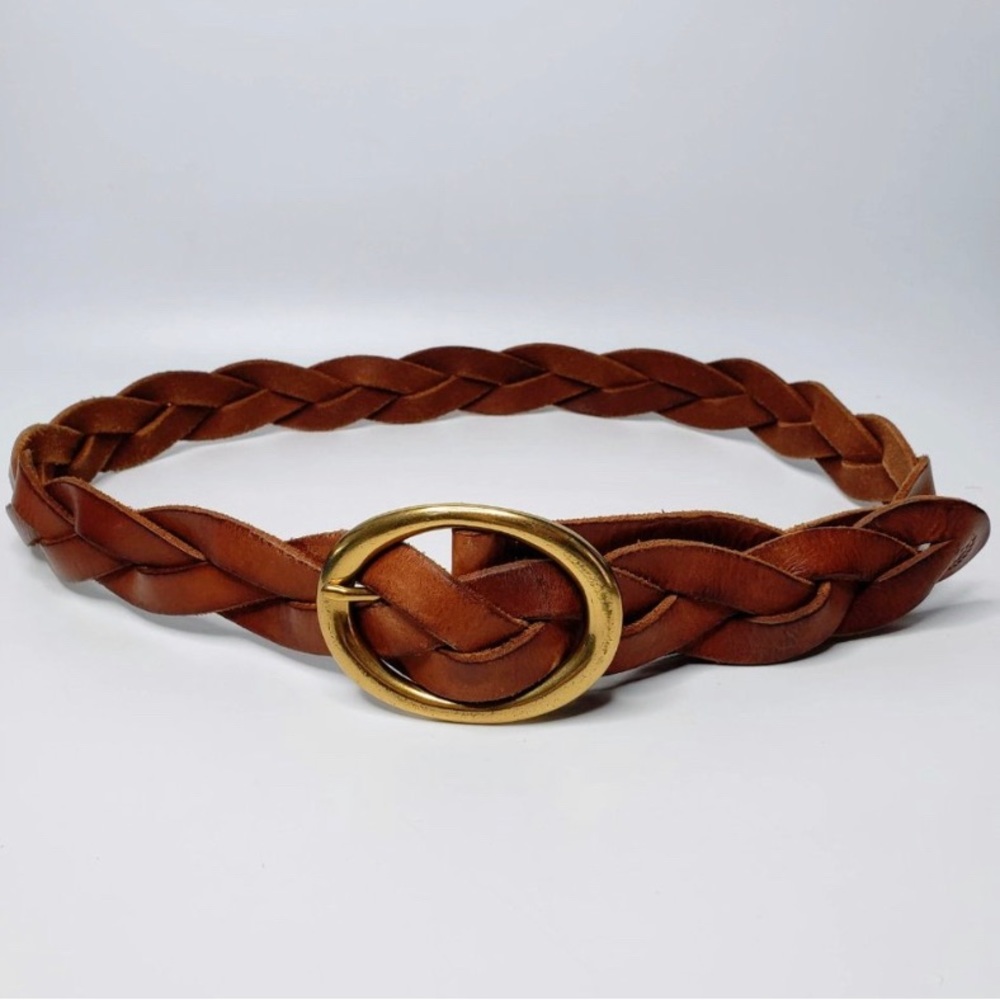 Vintage Woven Leather Belt, Brass Buckle, Braided, Chaps L